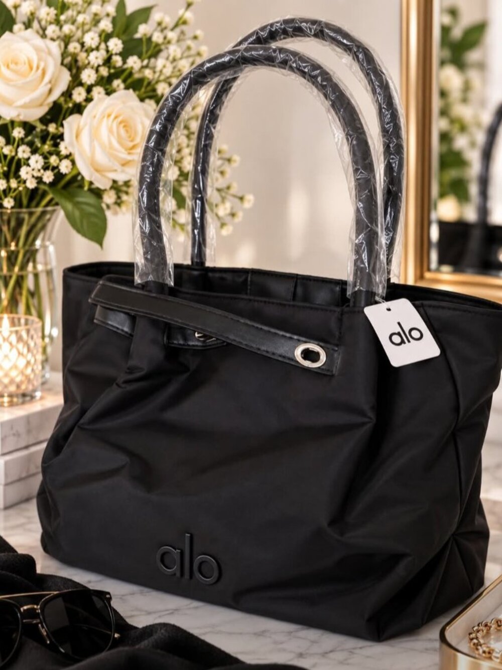 ALO Yoga Black Tote Bag with Top Handles